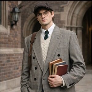 Vintage Men's 42R Gray Glen‎ Plaid Double Breasted Blazer | Large